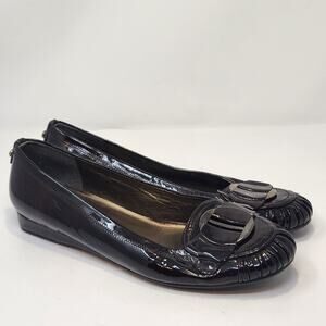 Stuart Weitzman Brown Patent Leather Low Wedge Flat Women Size 8.5M Slip On Shoe